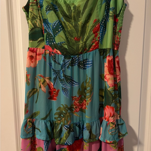 Floral tropical multi color Avara Ruffle Dress in Green and Pink maxi dress - Picture 2 of 3